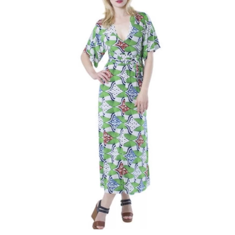New $194 TBags Vacation Maxi Dress VNeck Sash Tie Waist Back Knit Green Blue NWT